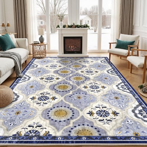EnHomee Washable Area Rugs 4x6, Soft Area Rug for Living Room Bedroom, Boho Non Slip Low Pile Stain Resistant Washable Rug Large Carpet for Dining Room,Easy to Clean Living Room Rug, Blue - color: Blue, size: 4x6