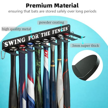 Baseball Softball Bat Holder Storage Rack Organizer Hanger Hook Home Field Hanging Fence Holds 14 Bats Wall Mount Equipment Sports Carabiners Included Metal - style: SWING