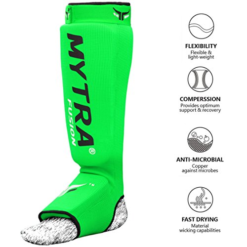 Mytra Fusion Shin Pads Instep Protector Kick Boxing Muay Thai Training Elasticated shin Guards - color: Green, size: Large-X-Large