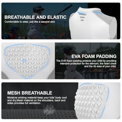 Youth Padded Compression Shirt Baseball Chest Protector Heart Sternum Guard - color: White Grey, size: Medium