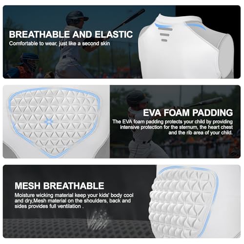 Youth Padded Compression Shirt Baseball Chest Protector Heart Sternum Guard - color: White Grey, size: Small
