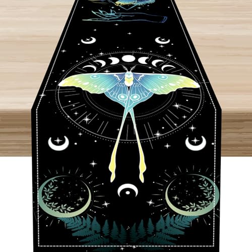 Moth Table Runner, Retro Witch Tarot Cards Floral Butterfly Moon Phase Starlit Stars Boho Coffee Table Center Decor for Family Kitchen Table Decorations Indoor Outdoor 13x36 inch - color: Moth-2, size: 13x36" Table Runner
