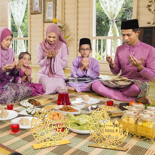 2 Pieces Acrylic Ramadan Decorations Islamic Eid Mubarak Kareem Table Sign Moon Hollow Star Ornament for Muslim Party Tabletop Decor Home Art Craft Decoration Golden Moon - style: House Ramadan