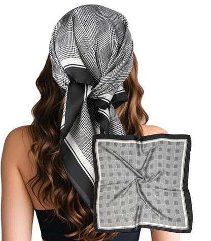 Sumolux Head Hair Scarf for Women Like Satin Silk Scarf Bandana Hair Wrapping Night Large Square Scarves 27.5" - color: Black Plaid Stripes