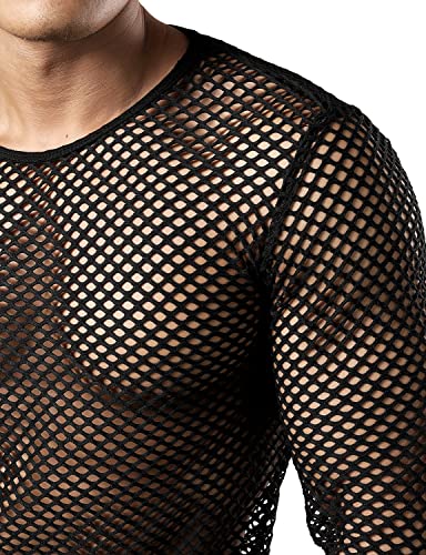 JOGAL Mens Fishnet Mesh Long Sleeve Shirt Fitted Muscle Top - color: Black, size: XX-Large