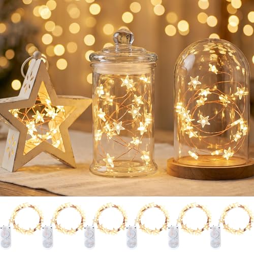 6 Packs 6.6ft 20LEDs Star Fairy Lights Battery Operated,Mini Star String Lights,Waterproof Twinkle Starry Light for DIY Gift Bottle Table Christmas Ramadan Wedding,Gold Wire,Warm White - color: Gold Wire, size: 120 Leds