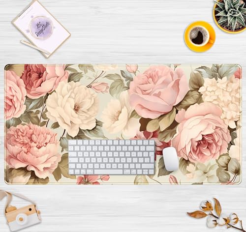 Cute Floral Desk Mat Pastel Roses Gaming Mouse Pad XXL Large Extended Flowers Desk Pad, Laptop Keyboard and Mouse Mat with Stitched Edges, Women Computer Desktop Mat Gamer Playmat 31.5x15.7 in - color: Pastel Roses