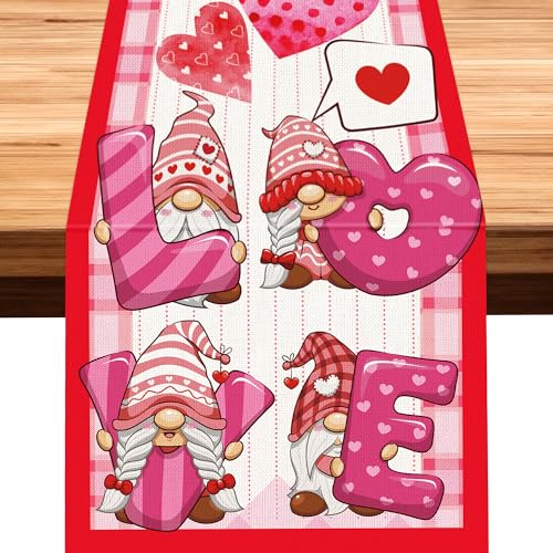 EUOYUFO 13 x 72 Inch Watercolor Hearts Gnomes Love Valentines Day Table Runner Valentines Day Party Decorations Wedding Kitchen Dining Table Decor Tablecloth for Home Office Seasonal Anniversary - color: Gnomes Valentines