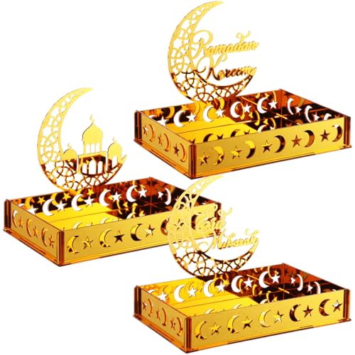 DoubleFill 3 Sets Ramadan Serving Tray Gold Eid Mubarak Holder Al-fitr Home Decoration for Moon Star Tray Gold Container for Home Islamic Muslim Party Tableware Kitchen Dessert Food Storage(Novetly) - style: Novetly