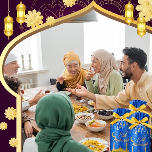 72 Pcs Eid Mubarak Gift Bags Plastic Treat Bags Drawstring Bags Eid Candy Goodie Bags Castle Moon Star Snack Wrap Bags for Eid Party Decorations Favors, 9.05 x 5.91 x 2 Inches