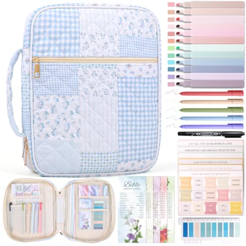 XKDOUS Bible Cover Case for Women Bible Bag Journaling Kit w/Study Supplies - color: Blue Patchwork, size: Large