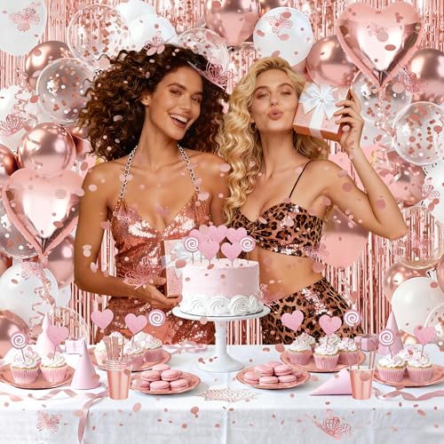 Rose Gold Butterfly Birthday Decorations Kit, All in One Pink Happy Birthday Banner Fringe Curtain Heart Foil Balloons Tableware Set, Girls Women Birthday Party Supplies Backdrop Decor - style: Sweet Rose Gold