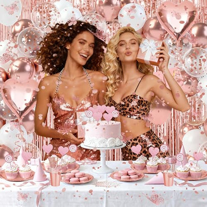 Rose Gold Butterfly Birthday Decorations Kit, All in One Pink Happy Birthday Banner Fringe Curtain Heart Foil Balloons Tableware Set, Girls Women Birthday Party Supplies Backdrop Decor - style: Sweet Rose Gold