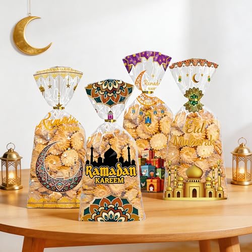 Totelux Eid Mubarak Cellophane Goodie Bags Clear Plastic Bag Ramadan kareem Treat Bags with Ties for Cookies Candy Gift Wrapping Muslim Eid Party Favor Supplies 50PCS