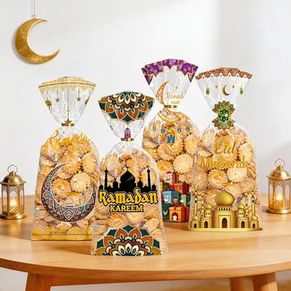 Totelux Eid Mubarak Cellophane Goodie Bags Clear Plastic Bag Ramadan kareem Treat Bags with Ties for Cookies Candy Gift Wrapping Muslim Eid Party Favor Supplies 50PCS