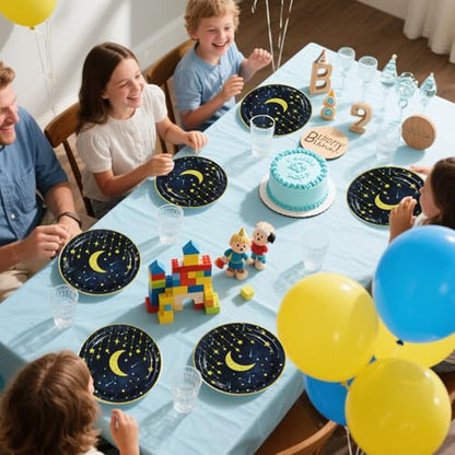 Grencian Gold Star Moon Party Supplies - 96Pcs Moon and Stars Party Supplies Plates and Napkins Navy Blue Celestial Hanging Crescent Disposable Tableware for Celestial Birthday Decorations Serve 24 - style: Navy Blue Stars Moon Sets