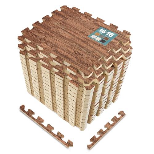 Sorbus Wood Grain Floor Mats Foam Interlocking Mats Each Tile 1 Square Foot 3/8-Inch Thick Flooring Wood Mat Tiles - Home Office Playroom Basement Trade Show (16 Tiles,16 Sq ft, Brown) - color: Brown