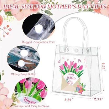 Aliceset 24 Pcs Happy Mother's Day Clear Gift Bags Transparent Plastic Tote Bags with Handles Reusable PVC Goodie Handbags for Mom Women Appreciation Gifts Spring Party Favors, 6.31"x 5.91"x 3.15" - style: Happy Mother's Day