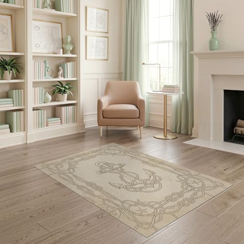 4'x6' Beige Beachy Nautical Anchor Rope Washable Area Rug | Rustic Maritime Design with Ocean Theme for Home Office, Under Desk, Non-Slip Chair-Friendly, Flatwoven - color: Beige/Pattern 27, size: 4' x 6' (Rectangular)