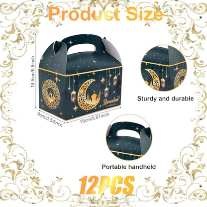 Gosknor 12pcs Ramadan Gift Box, Ramadan Mubarak Gift Box Foldable Paper Goodie Boxes for Presents Party Favor Boxes Eid Al Fitr Gift Boxes for Candy Goodies Gifts Muslim Party Supplies