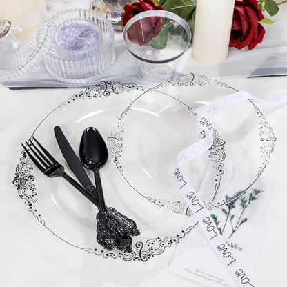 Hioasis 175pcs Clear and Black Plates - Black Party Plates for 25 Guest, Include 50 Heavy-duty Plates(20% Thicker Than Standard), 25 Pre Rolled Gold Plastic Silverware Set, 25 Cups - color: Clear and Black