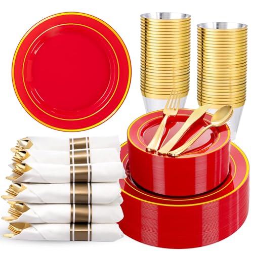 WDF Partyware 350Pieces Red Plastic Plates with Gold Rim Include 50Dinner Plate 10inch 50Dessert Plate 7inch 50 gold Cups 9 OZ, 50 Pre Rolled Napkins for Wedding/Birthday/Christmas/Party - color: Red, size: 350