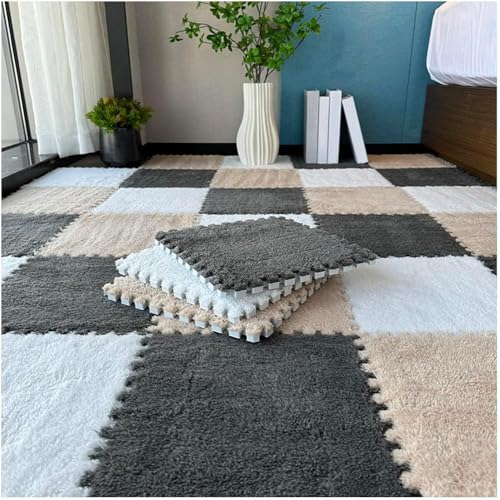 FYYSJW 10 Piece Plush Patchwork Foam Floor Mat, Soft Interlocking Floor Carpet Squares, Fluffy Puzzle Area Rug, 12 X 12 Inch,Gray+White+Khaki - color: Gray+white+khaki