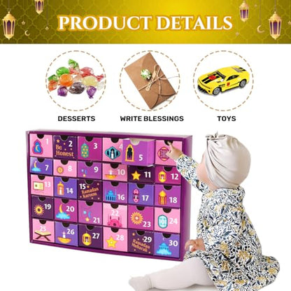 MOVINPE Ramdan Calendar with Drawers 2026 Ramadan Gifts for Kids, 30 Pre-Assembled Empty Boxes Eid Mubarak Coutdown Calendar Fillable Islamic Art Gift Box, Ramadan Party Supplies (Purple) - color: Purple