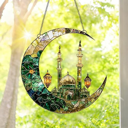 Crescent Moon Mosque Lantern Acrylic Suncatcher with Hanging Chain, Islamic Style Window Decor for Home, Patio, Garden,Ideal Present for Ramadan, Eid, Housewarming/YX-43