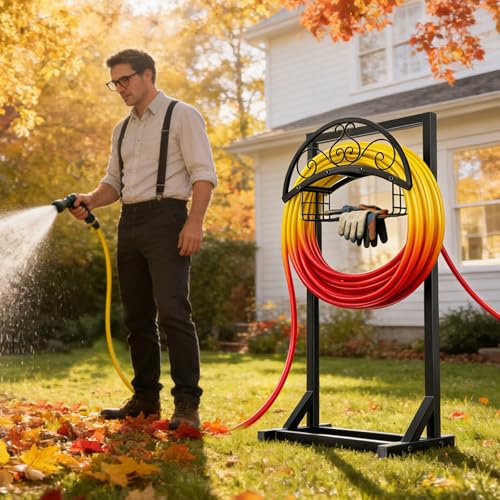 Garden Hose Holder Stand, BOLITE Metal Hanger with Storage Basket, 150ft | Heavy Duty, Freestanding Detachable, Water Hose Holder with Storage Basket, 4 Spikes, Storage Rack for Outside Yard Lawn Farm - style: Freestanding with Bracket