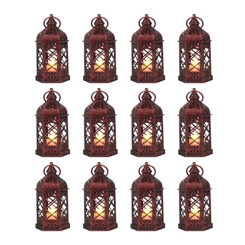 미니 랜턴 12개, 작은 캔들 랜턴 장식, LED 티 라이트 랜턴 라마단 장식, 벽걸이 랜턴, 웨딩 테이블용 센터피스, 배터리 포함(로즈 골드) - color: 로즈 골드-12개