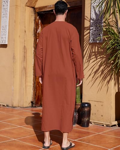 YAOHUOLE Men's Kaftan Thobe Long Sleeve Men Thobe Robe Side Split Men Thobe with Pockets Casual Thobe - color: Brick Red-long Sleeve, size: 3X-Large