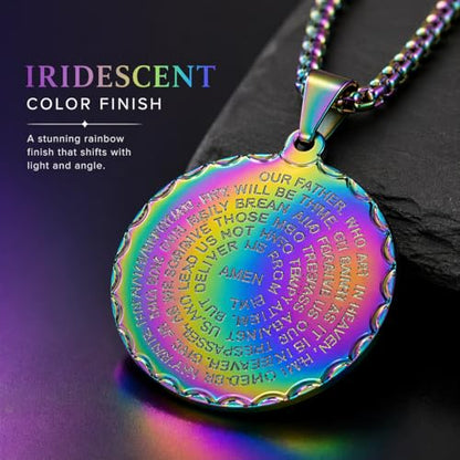 Steeltime Stainless Steel Lords Prayer Necklace with Simulated Diamonds - color: Rainbow IP, style: Round Pendant
