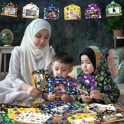 NOVWANG 30 Pack Ramadan DIY Picture Frame, Mosque Picture Frame Craft Hanging Ornaments with 30 Sheets Eid Mubarak Stickers for Eid Al Fitr Party Class Activities - color: Multicolour - Eid Style
