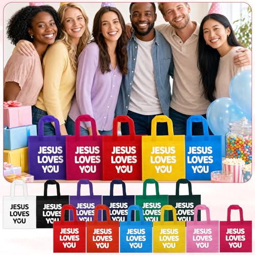 48 Pcs Christian Gift Bags Bulk Reusable Jesus Loves You Gift Bags with Handles, Non Woven Religious Gifts Bag for Church First Communion VBS Baptism Ramadan Party Favor Goodie Treat Bag (12 Colors)