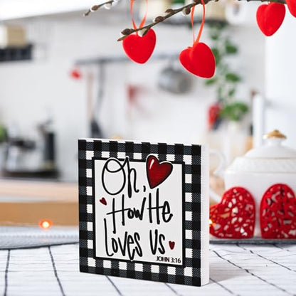 Smile Christian Valentine's Day Wooden Decor, Buffalo Plaid Heart | Oh How He Loves Us, John 3:16 Ornament, Indoor Decoration, Gift Box Included - style: Christian Valentine