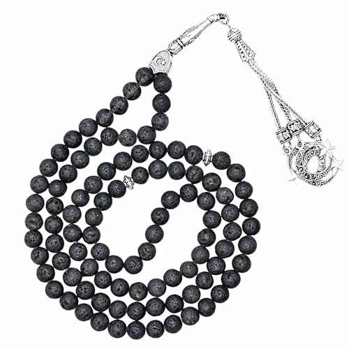Amazing Gemstone Lava Stone Tasbeeh with Moon and Star Charm - Certified Crystal Muslim Prayer Beads Natural Gemstone Tasbih Gift for Ramadan Dhikr and Daily Namaz (S) - color: Lava Stone