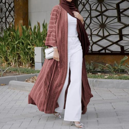 Womens Muslim Kimono Abaya Solid Striped Retro Ethnic Cardigan Robe Dubai Middle Eastern Saudi Arabia Eid Clothes - color: Brick Red Long Cardigan, size: X-Large