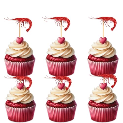 Shrimp Cupcake Topper for Marine Animals Theme Party Favors Decorations Men Women Happy Birthday Retirement Party Decor Supplies set 18pcs Red Glitter Silhouette