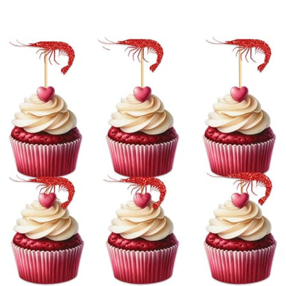 Shrimp Cupcake Topper for Marine Animals Theme Party Favors Decorations Men Women Happy Birthday Retirement Party Decor Supplies set 18pcs Red Glitter Silhouette