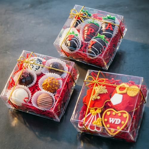 RomanticBaking 15PCS 5x5x2 Inches Full Clear Chocolate Covered Strawberries Boxes Cookies Boxes Mini Bundt Cake Pie Cinnamon Roll Treat Boxes Chocolate Truffle Box Party Wedding Favor - size: 5"X5X2"