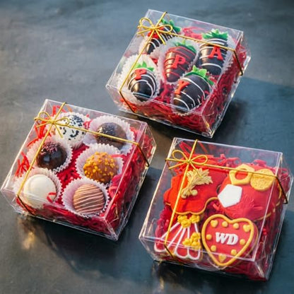 RomanticBaking 15PCS 5x5x2 Inches Full Clear Chocolate Covered Strawberries Boxes Cookies Boxes Mini Bundt Cake Pie Cinnamon Roll Treat Boxes Chocolate Truffle Box Party Wedding Favor - size: 5"X5X2"