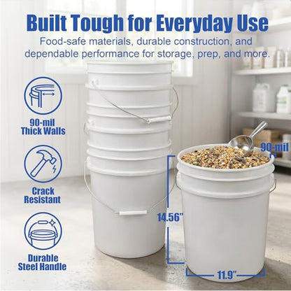 5 Gallon Bucket - Food Grade w/Lid BPA-Free, 3 Pack - White | Airtight Gasketed Tear Strip Lid, Heavy-Duty 90 Mil HDPE Plastic Pail, Bulk Storage, Food Safe Durable Container, Made in USA - size: 3 Packs
