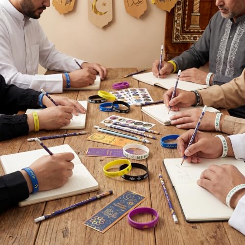 Resurhang 400 Pcs Eid Ramadan Mubarak Pencils Wristbands Stickers Bookmarks Set Ramadan Party Favors for Mubarak Islamic Muslim Party Decorations School Classroom Gifts Supplies