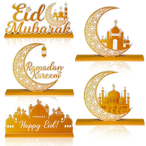 WATINC 5pcs Ramadan Wooden Centerpieces Decorations, Eid Mubarak Table Topper Decor, Happy Ramadan Kareem Wood Tiered Tray Signs, Al-Fitr White Gold Detachable Tabletop Party Supplies for Home Kitchen