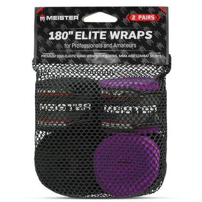 'Meister Elite 180'' Premium Adult Hand Wraps for MMA & Boxing - 2 Pair Pack w/Mesh Bag' | Premium double-woven elastic blend, maximum wrist support and knuckle protection for boxing, MMA and Muay Thai - color: Black & Royal Purple