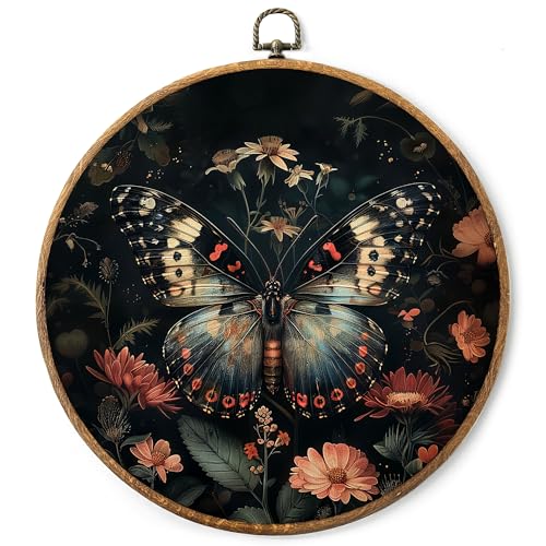 AYQJCBGC Vintage Butterfly Round Framed Wall Art, Cottagecore Retro Canvas Wall Decor, Dark Academia Framed Prints Hanging Decor for Home Bedroom Living Room, 10x10 Inch. (003) - color: Black Butterfly-1