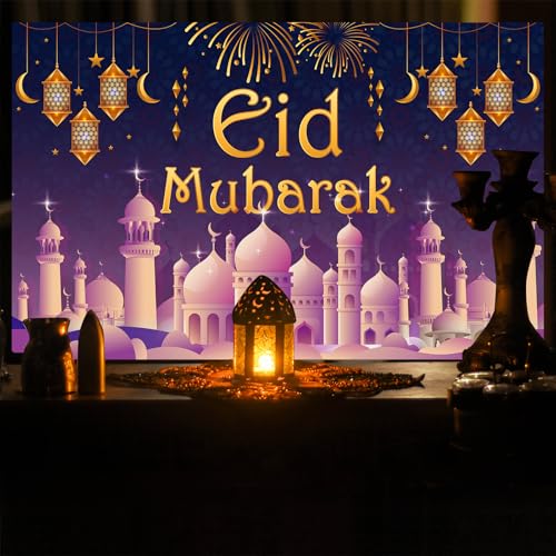 Eid Mubarak Decorations - 71x44 In Eid Mubarak Banner Backdrop Eid Mubarak Sign Party Favors Eid Decorations For Eid Al-Fitr Eid Al-Adha Home Party Outdoor Window Wall - color: Purple