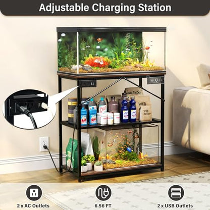 TC-HOMENY Fish Tank Stand 10,20,29,37 Gallon, Aquarium Stand with adjustable shelf,1000LB Capacity ,31" L x 16" W Metal Reptile Tank Stand, Double Storage Design Adjustable Boards, Brown