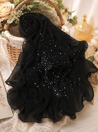 Chiffon Hijab Scarf for Women, Rhinestone Pearl Muslim Head Scarf, Lightweight Shawl Wrap - color: Black